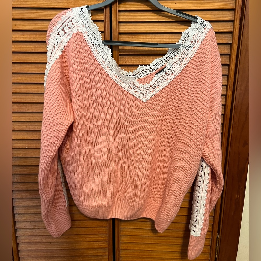MUST GO BY 8/11: Off the shoulder pink sweater with lace trim